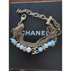 Chanel CC‎ Logo Blue Silver Pearl Rhinestone Bracelet CGHW A18C Authentic CoA